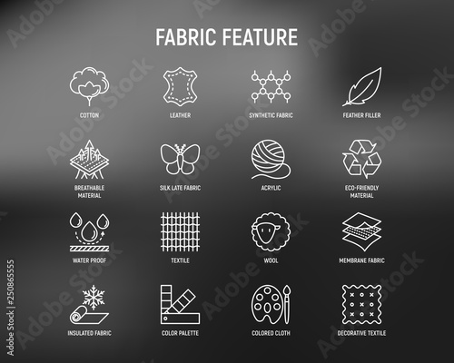 Fabric feature thin line icons set: leather, textile, cotton, wool, waterproof, acrylic, silk, eco-friendly material, breathable material. Modern vector illustration.