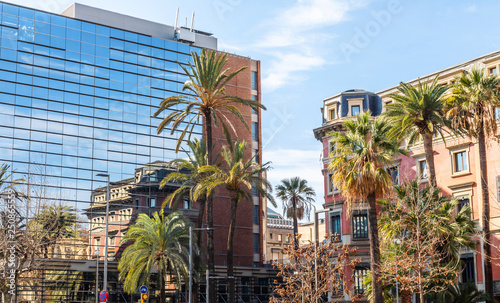 Reflection. Building. Glass. Palms. Barcelona. Blue. Sky