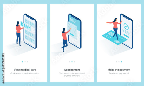Medical centre concept onboarding. View medical card, set doctor appointment,  make the payment