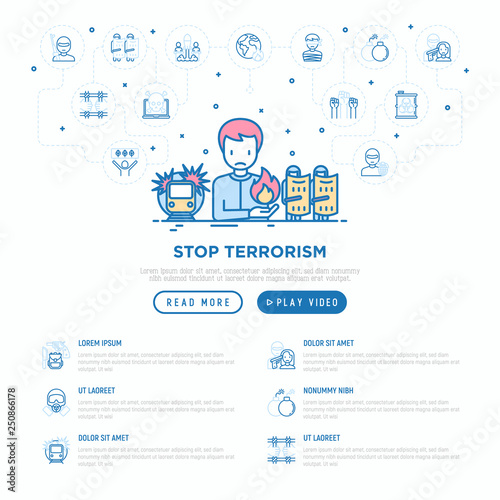 Stop terrorism web page template with thin line icons: terrorist, civil disorder, national army, hostage, suicide, bomber. Vector illustration.