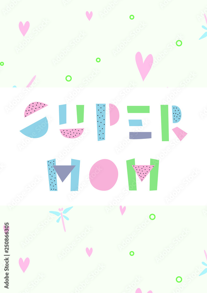 Mother's day card with a pretty background. Pattern with dragonflies and hearts
