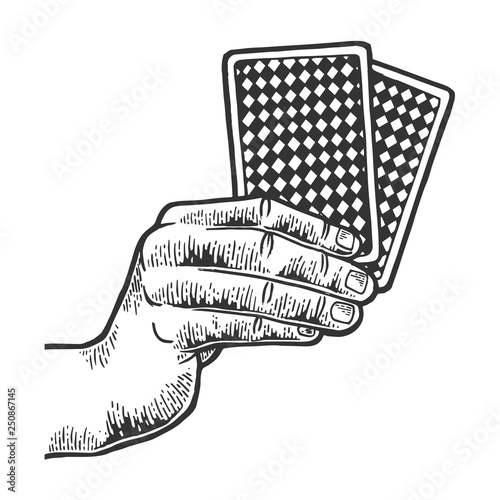 Poker playing cards in hands sketch engraving vector illustration. Scratch board style imitation. Black and white hand drawn image.