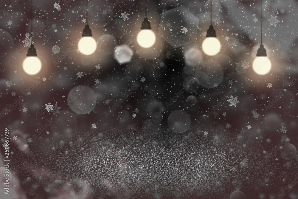 red beautiful shining glitter lights defocused bokeh abstract background with light bulbs and falling snow flakes fly, festive mockup texture with blank space for your content - obrazy, fototapety, plakaty 