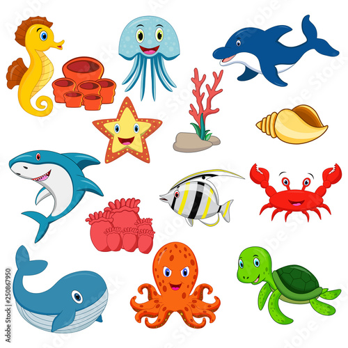 Sea animals cartoon set