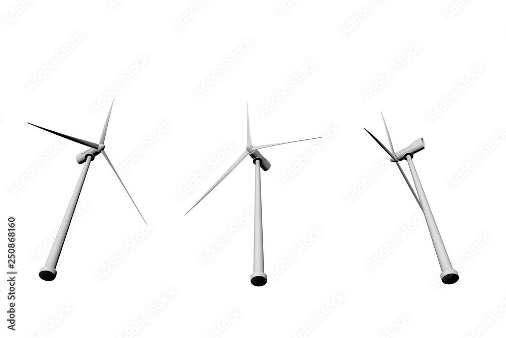 Wind power industrial illustration of 3 wind turbines view from bottom isolated on white background, 3D illustration Wind power industrial illustration of 3 wind turbines view from bottom isolated on white background, 3D illustration