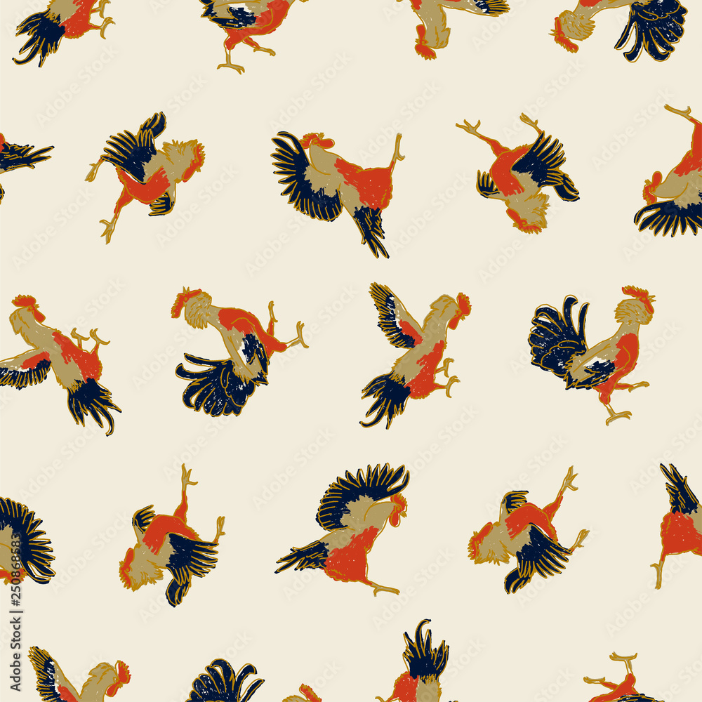 Fighting roosters seamless pattern - colorful gamecocks on white background