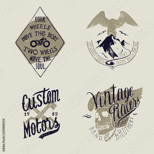 Motorcycle rider t-shirt print set: Two wheels bike, mountain eagle motorbike rider, crossed motorcycle pistons, skull in winged helmet. Bike print design.
