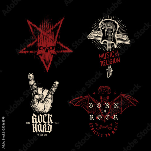 Rock music t-shirt design set: pentagram, music religion guitar and synthesizer cross,sign of horns hand gesture, rock vampire bat. hard rock t-shirt print