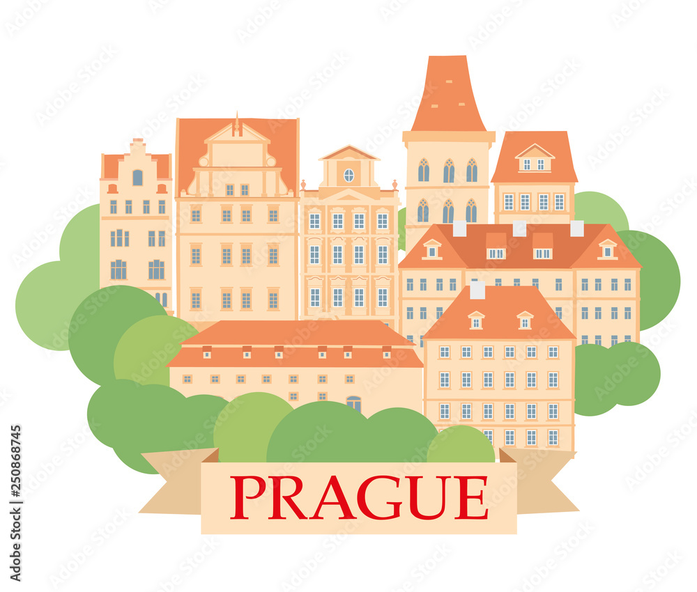Tourist Prague. Old city. Vintage decorative houses. Beige walls and tiled orange roofs. Image of old europe. Vector graphics