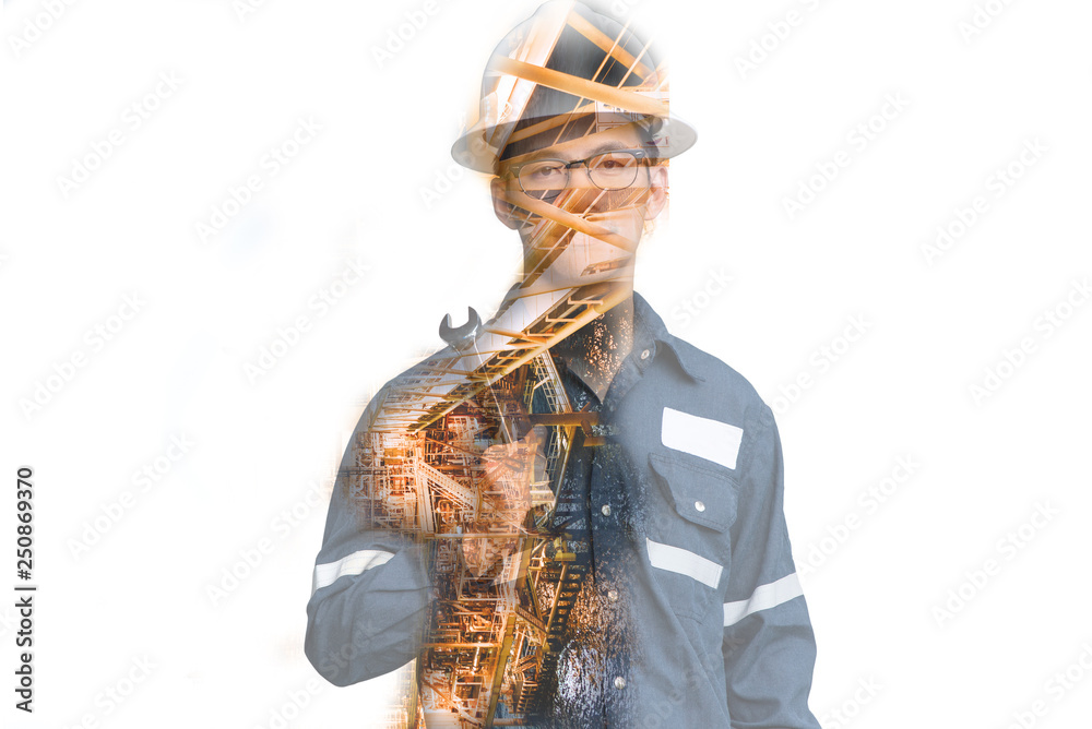 Double exposure of Engineer or Technician man with safety helmet operated platform or plant by using tablet with offshore oil and gas platform background for oil and gas business concept Double exposure of Engineer or Technician man with safety helmet operated platform or plant by using tablet with offshore oil and gas platform background for oil and gas business concept