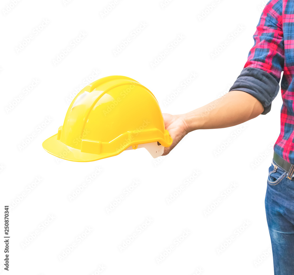 Engineer hold yellow safety helmet plastic construction concept isolated on white background Engineer hold yellow safety helmet plastic construction concept isolated on white background