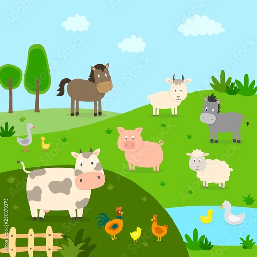 Farm animals with landscape - cow, pig, sheep, horse, rooster, chicken, donkey, hen, goose. Cute cartoon vector illustration in flat style.