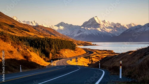 4K Cinematic Panning Left to Right Time lapse of Aoraki Mount Cook at Peter's Lookout in the Aoraki Mount Cook National Park in South Island, New Zealand at sunrise.