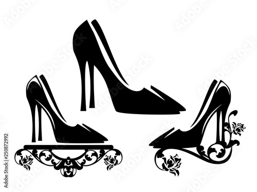 elegant high heeled shoes with rose flowers floral decor - black and white vector footwear design