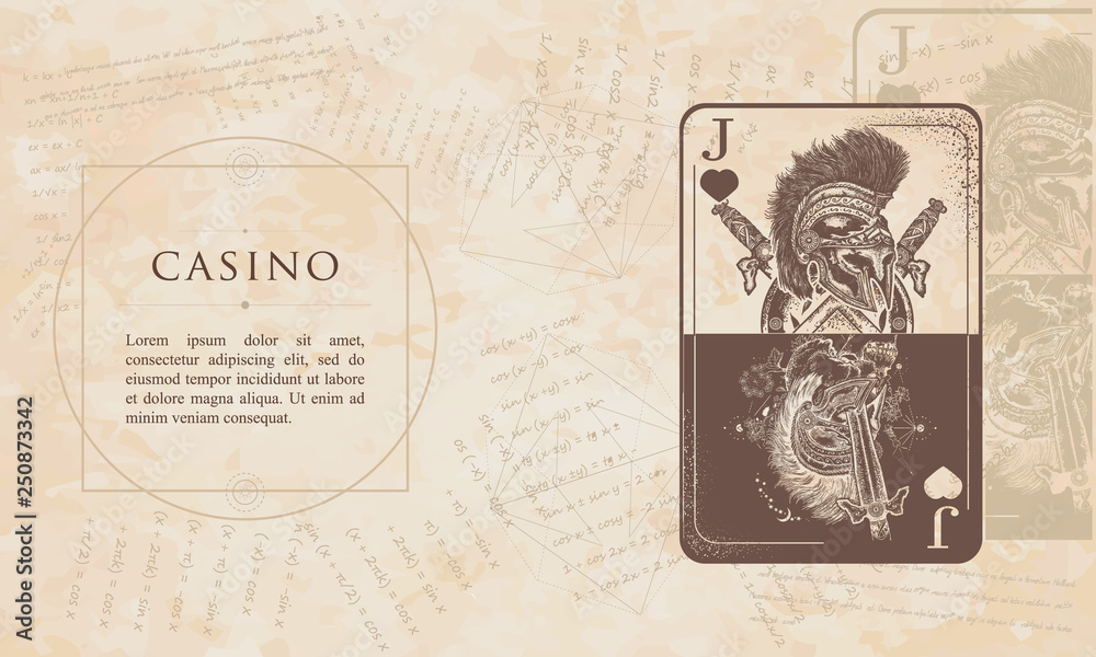 Casino. Joker playing card. Renaissance background. Medieval manuscript, engraving art