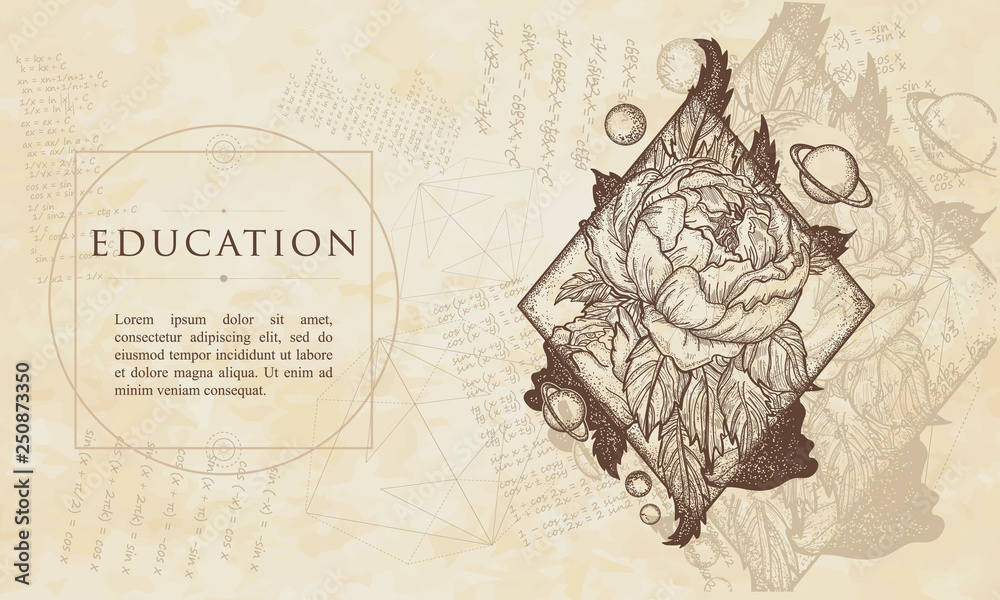 Fototapeta premium Education. Esoteric rose. Renaissance background. Medieval manuscript, engraving art