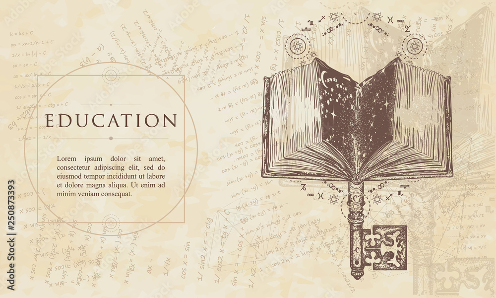 Obraz premium Open magic book and vintage key. Education concept. Renaissance background. Medieval engaving manuscript. Vintage paper with drawings, vector