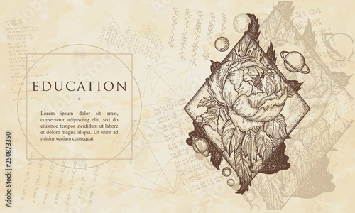 Education. Esoteric rose. Renaissance background. Medieval manuscript, engraving art