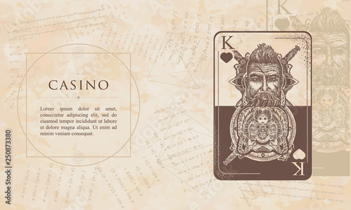 Casino. King playing card. Renaissance background. Medieval manuscript, engraving art