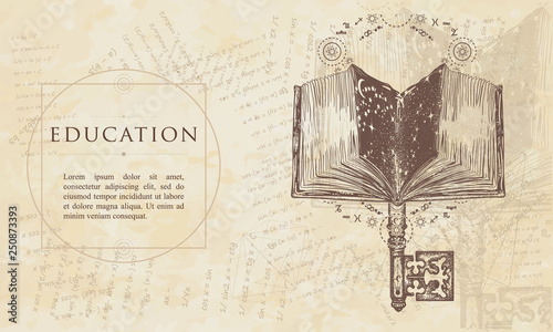 Open magic book and vintage key. Education concept. Renaissance background. Medieval engaving manuscript. Vintage paper with drawings, vector