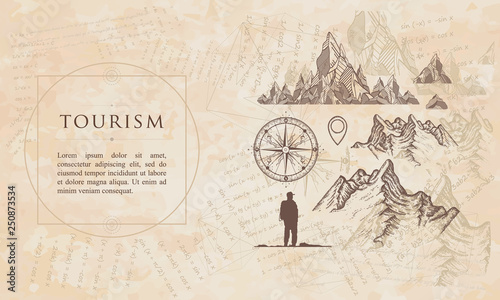Tourism. Mountains, compass, map pointer, tourist. Renaissance background. Medieval manuscript, engraving art