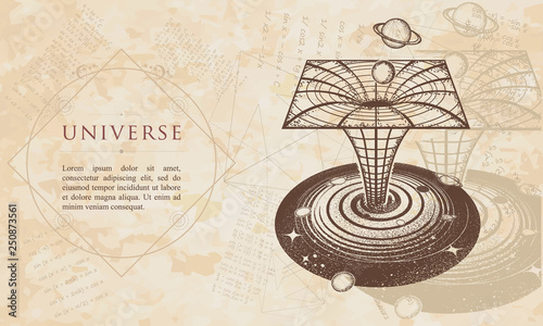 Universe. Black hole. Renaissance background. Medieval manuscript, engraving art