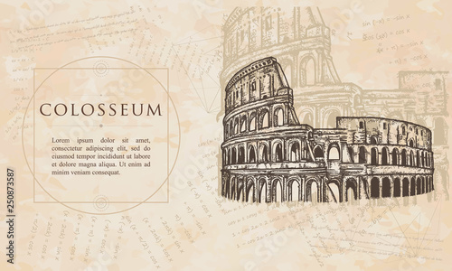 Colosseum. Symbol of Ancient Rome, gladiator fights. Renaissance background. Medieval manuscript, engraving art