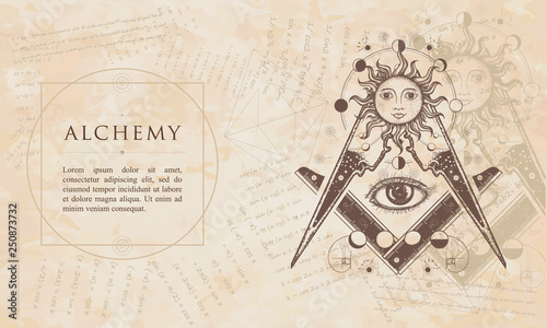 Alchemy. All seeing eye. Renaissance background. Medieval manuscript, engraving art