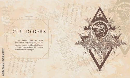 Outdoors. Eagle and mountains. Renaissance background. Medieval engaving manuscript. Vintage paper with drawings, vector