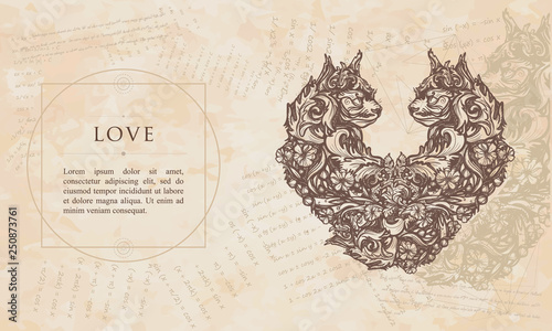 Love. Two cats in form of heart. Renaissance background. Medieval manuscript, engraving art