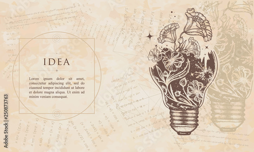 Idea. Light bulb and art nouveau flowers. Renaissance background. Medieval manuscript  engraving art