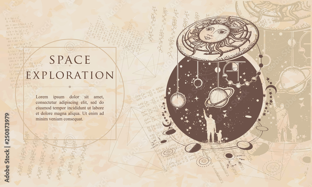 Space exploration. Human and Universe. Renaissance background. Medieval manuscript, engraving art