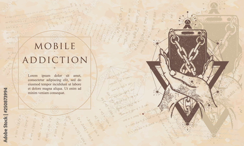Obraz premium Mobile device addiction. Smart phone tied with chains. Renaissance background. Medieval manuscript, engraving art