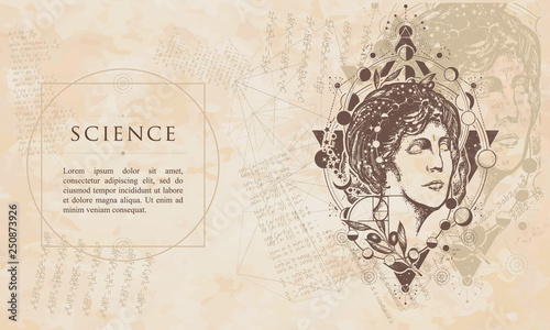 Science. Aphrodite head. Magic woman goddess. Renaissance background. Medieval manuscript, engaving art