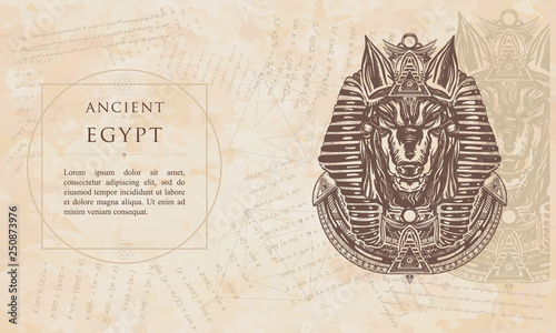 Ancient egypt. Anubis, god of war. Renaissance background. Medieval manuscript, engraving art