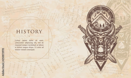 History. Minotaur, crossed swords and spartan shield. Renaissance background. Medieval manuscript, engraving art