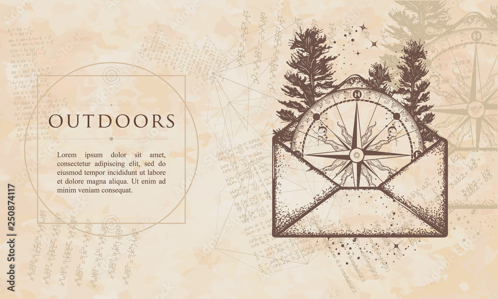 Outdoors. Compass in open envelope. Renaissance background. Medieval engaving manuscript. Vintage paper with drawings, vector