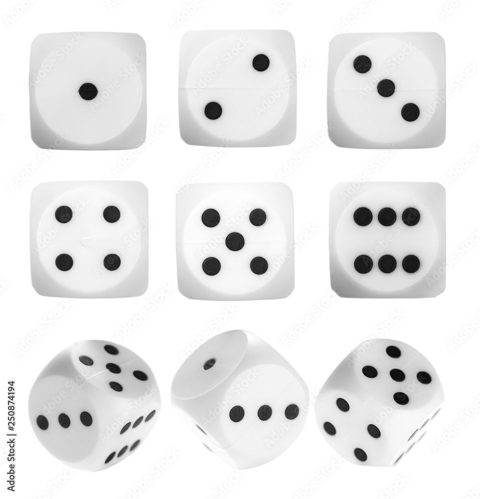 Forfatter fokus Klassificer Set gambling dice, macro isolated on white background, top view and  clipping path Stock Photo | Adobe Stock