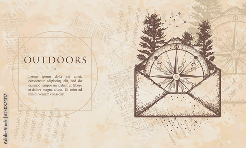Outdoors. Compass in open envelope. Renaissance background. Medieval engaving manuscript. Vintage paper with drawings, vector