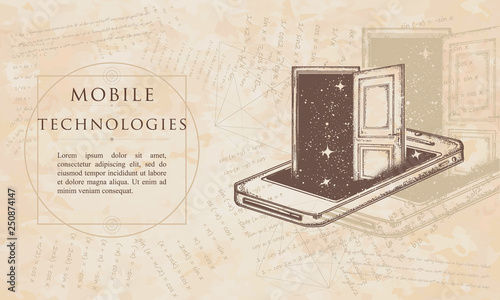 Mobile technologies. Open door and mobile phone. Internet Security VPN. Protection of anonymity in network. Renaissance background. Medieval manuscript, engraving art