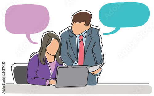 continuous line drawing of boss and employee discussing work task