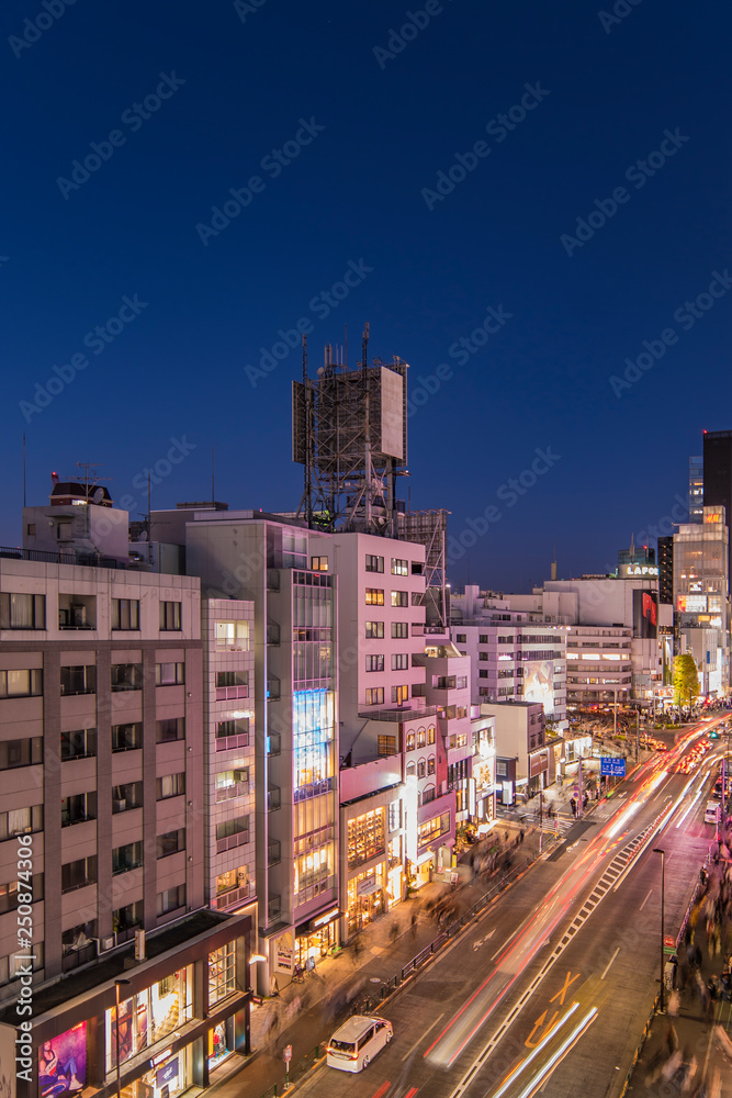 Fototapeta premium Bird’s view of the Japanese youth culture fashion’s district crossing intersection of Harajuku Laforet named champs-élysées in Tokyo, Japan at night.