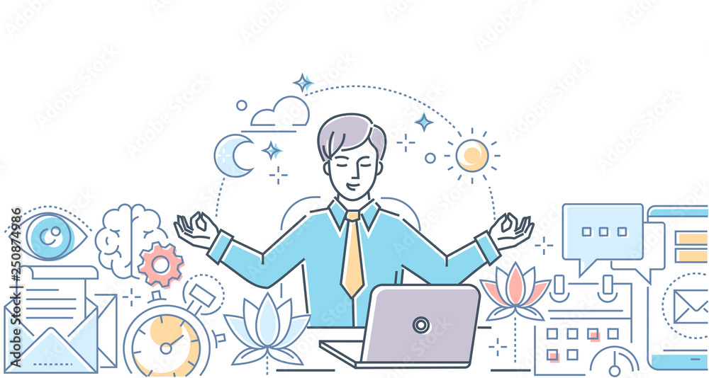Mindfulness at work - modern line design style illustration Mindfulness at work - modern line design style illustration