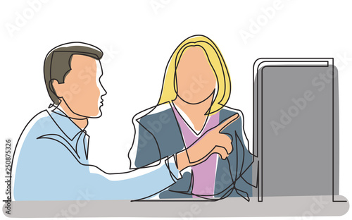 continuous line drawing of two office workers discussing showing on display
