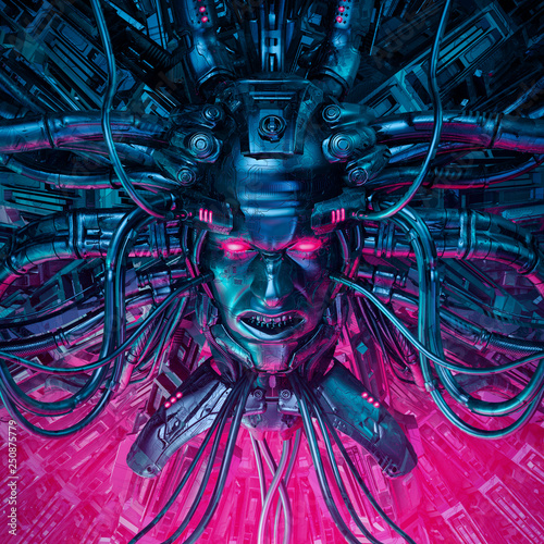 Canvas-taulu Demon in the machine / 3D illustration of evil science fiction male artificial i
