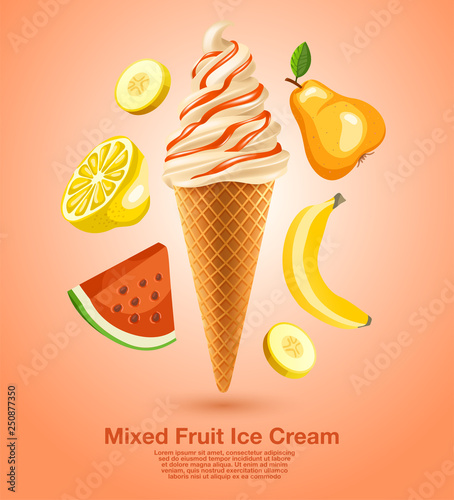 Mixed Fruit Flavored Soft Ice cream Set : Vector Illustration
