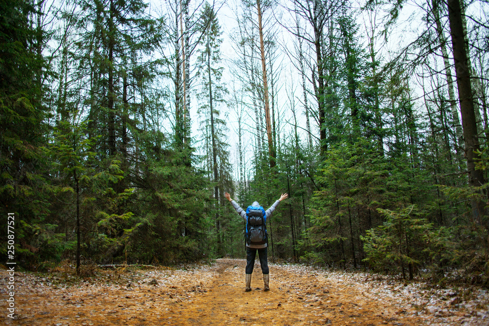 Female hiker standing in forest with arms raised Female hiker standing in forest with arms raised
