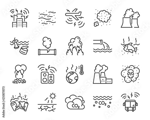 set of air pollution icons, such as, smoke, dust, gas, industry, pm 2.5