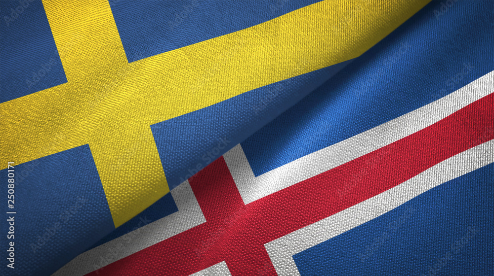 Sweden and Iceland two flags textile cloth, fabric texture