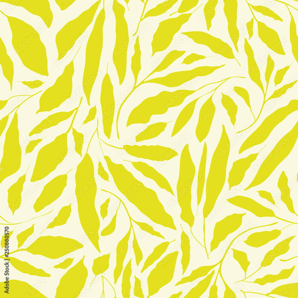 Fototapeta Vibrant lime green hand drawn leaves on neutral cream background. Seamless vector design with a fresh organic feel. Great for wellbeing, spa, beauty products, packaging, giftwrap,fabric, stationery